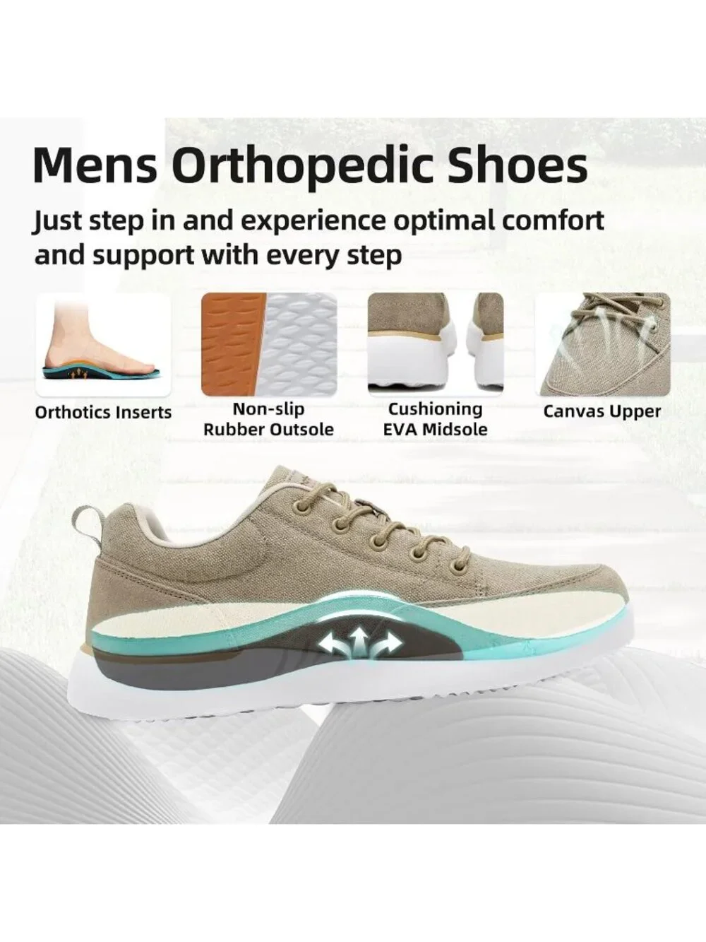 OrthoComfoot Men's Khaki Rubber Comfortable & Breathable Slip On Walking Sneaker